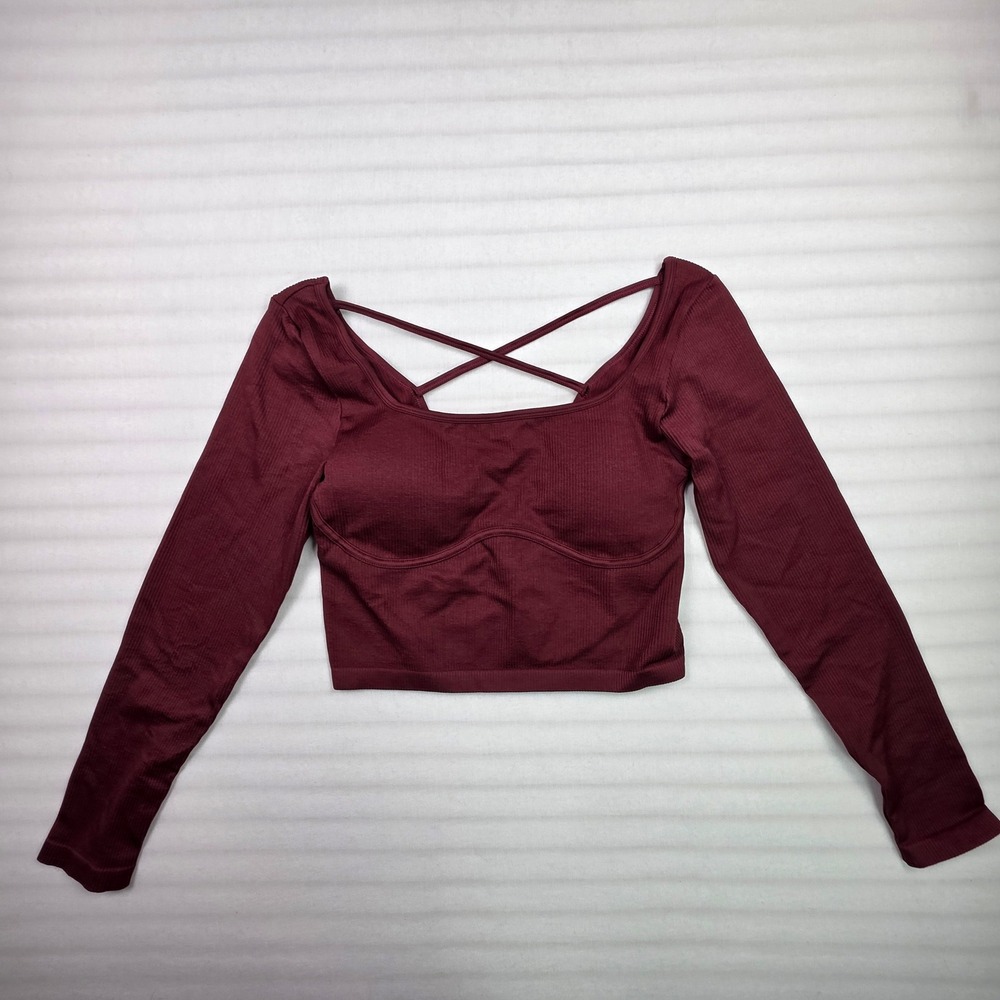 Halara XL Burgundy Ribbed Long Sleeve Crop Top Strappy Back
